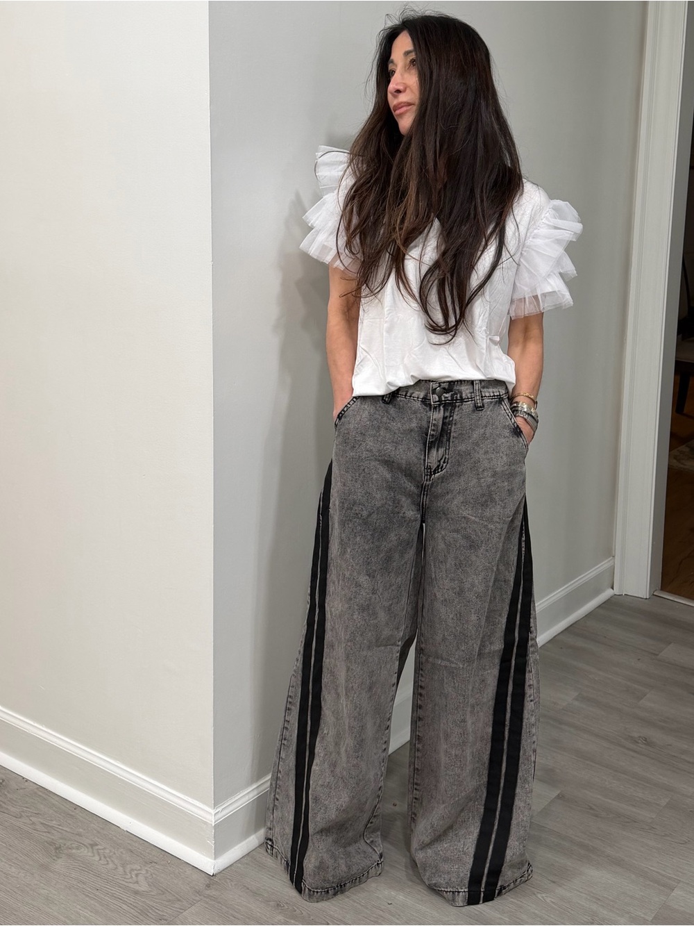 ShopEvelynne Washed Gray Wide-Leg Jeans with Black Side Stripes